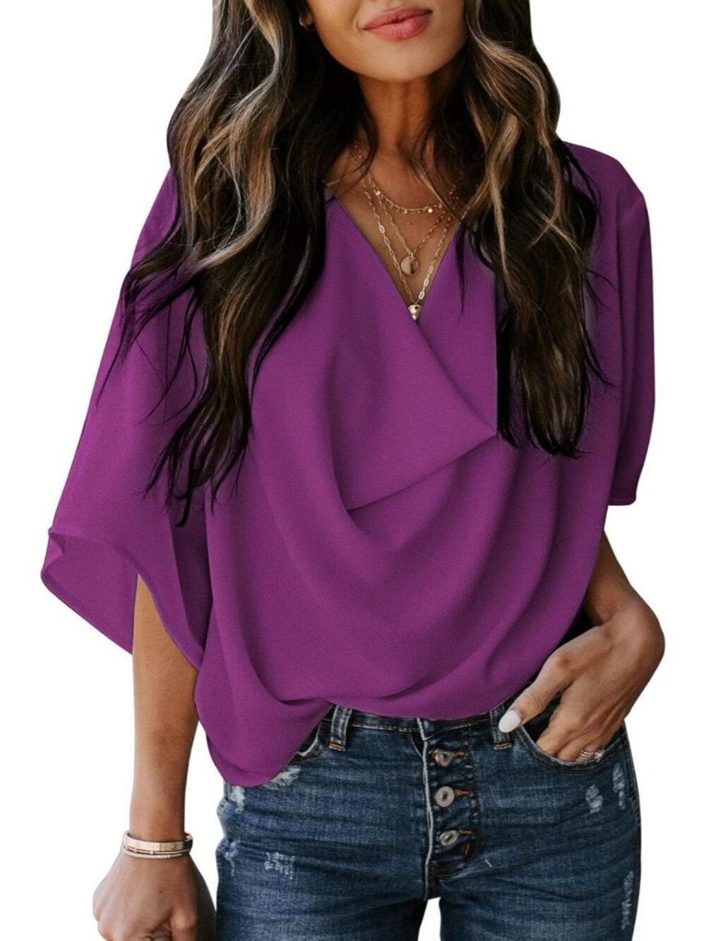 Women's 3/4 Sleeves Violet Wrap Draped Front Blouses Cowl Neck Chiffon Tops